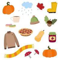 Cute cartoon autumn icon and objects set for design. Raspberry, acorn, pumpkin, sweater, weather, october vector