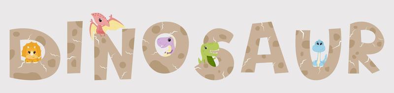 divertidas letras de dibujos animados con dinosaurio. bebé dinosaurio en el caparazón con letras a mano imprimibles vector