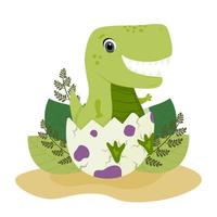 Baby tyrannosaurus in an egg shell. Cute green dinosaur in an egg. Dragon in a shell vector