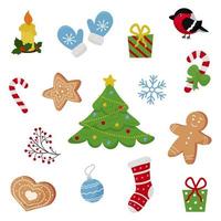Set of items for Christmas and New Year. Gingerbread man, ginger cookies, spruce, socks, gifts, snow, candle vector