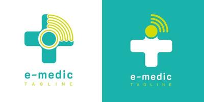 médico en línea. logotipo de e medic. con iconos de más, cruz y señal. en color azul y verde. plantilla de vector de logotipo de salud médica premium y de lujo