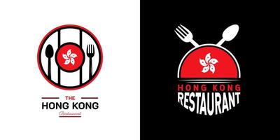 logotipo del restaurante de comida de Hong Kong. símbolo de la bandera de hong kong con cuchara, tenedor, luna creciente e iconos de estrellas. en colores rojo y blanco. ilustración vectorial premium y de lujo vector