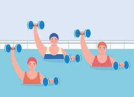 Group of women performing water aerobics exercises with  foam dumbbell in the pool of a sports center. Weight loss training. Concept of sports for weight loss. vector