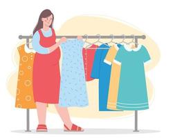 Pregnant woman chooses  dress. Maternity clothing store. Hanger with dresses. vector