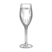 copa de vino espumoso llena. boceto de copa de champán dibujado a mano. vector
