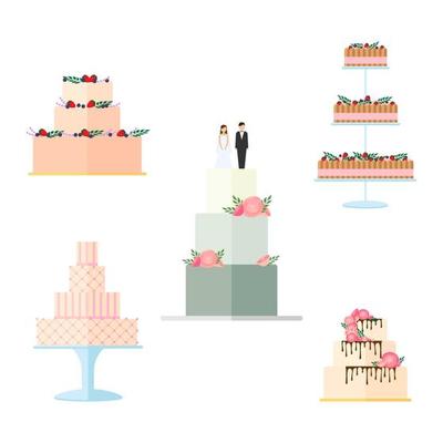Set of Wedding cakes with floral decoration isolated on a white background.