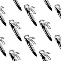 Corkscrew seamless pattern. Engraving style. Sommelier knife backdrop. vector