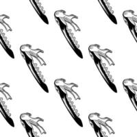 Corkscrew seamless pattern. Engraving style. Sommelier knife backdrop. vector