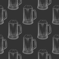 Beer mug seamless pattern. Full beer glasses with foam backdrop. vector