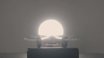 Futuristic transportation concept.Micro drone take off from laptop computer with virtual cockpit pilot interface video