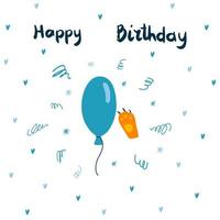 tarjeta de felicitación vectorial con globo azul y pata de gato jengibre y letras dibujadas a mano. feliz cumpleaños dibujos animados plana colorida ilustración vector