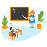 Teacher in the classroom near the blackboard with a pointer. Child with dyslexia disorder in school. School class with cartoon people characters. Vector illustration