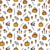 Seamless vector pattern with doodle pumpkins, mushrooms, leaves and branches. Autumn Halloween background.