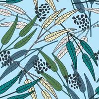 Creative branch leaf wallpaper. Forest leaves seamless pattern on light blue background. vector