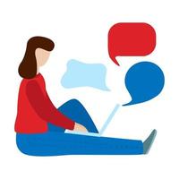 Social networks communication concept. Woman sit and use laptop. Dialogue, chatting, communication. vector
