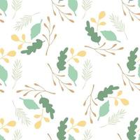 Green leaves and branches vector seamless pattern on white background.