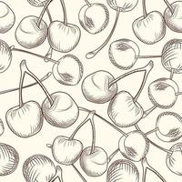 Hand draw cherries seamless pattern. Engraving style. vector