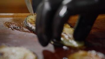 Macro Footage Cutting Fried Eggplant. video