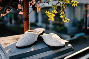 Elegant white wedding shoes photo