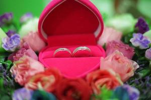 anillos de boda símbolo amor familia. un par de anillos de boda sencillos foto