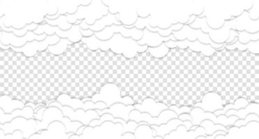 Clouds on blue sky banner. White cloud on blue sky in paper cut style. Clouds on transparent background. Vector paper clouds.White Cloud on blue sky paper cut design. Vector paper art illustration