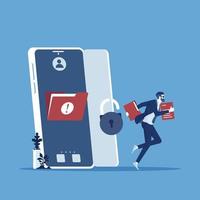 Hacker steal personal data and running away from mobile phone, mobile hacker and cyber security concept vector