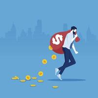 Businessman carry money bag and losing golden coins that poured out from a hole in the bag, lose money investment in financial crisis concept vector