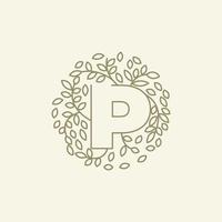 initial P or letter P with leaf  ornament on circle luxury modern logo vector icon illustration design