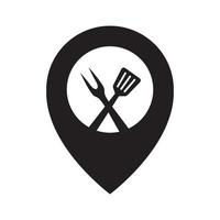 pin mapa cruz espátula con carne tenedor logotipo diseño vector gráfico símbolo icono signo ilustración idea creativa