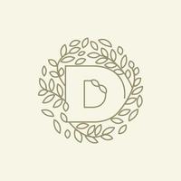 d inicial o letra d con adorno de planta de hoja en diseño de ilustración de icono de vector de logotipo vintage de lujo circular