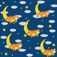 Tiger cub sleeping on the moon, pattern, color vector illustration