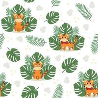 Pattern with tiger cubs on a background of tropical leaves, color vector illustration on a white background