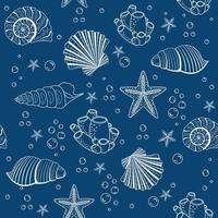 A pattern of seashells of different colors on a blue background, vector illustration