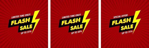 Flash Sale Banner for 25, 50, and 75 Discount with Thunder Symbol in Red Background and Comic Effect, EPS 10 Vector Isolated Suitable for Advertising, Banner, Poster Element