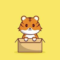 lindo tigre en la ilustración de vector de caja. animal. bebé. estilo de dibujos animados planos adecuados para icono, página de inicio web, pancarta, volante, pegatina, tarjeta, fondo, camiseta, imágenes prediseñadas