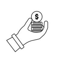 Stack of Dollar Coins on Hand Outline Icon Illustration on White Background vector