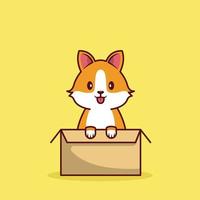 Cute Puppy in Box Cartoon Illustration, Baby Animal, Dog, Flat Style Vector Suitable for Web, Banner, Card, Greeting, Children, Book, Poster