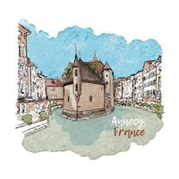 Hand drawn colorful watercolor sketch of city view of the Palais de l'Isle and Thiou river in old city of Annecy, Venice of the Alps, France. Hand drawn famous french landmark, sightseeing. vector