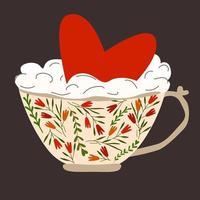 Coffee cup with milk foam and red heart. Spring floral pattern. Design for postcard, birthday, greetings, post. Vector isolated illustration.