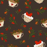 Seamless pattern with cups. Herbal tea and coffee with milk foam. Floral pattern, decor heart. Hand drawn. Vector isolated.