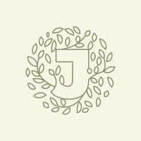 j inicial o letra j con adorno de hoja en el diseño de ilustración de icono de vector de logotipo moderno de lujo circular