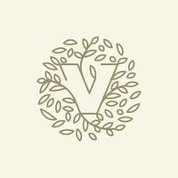 v inicial o letra v con adorno de hoja en el diseño de ilustración de icono de vector de logotipo moderno de lujo circular