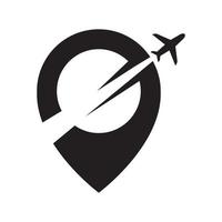 volar avión con pin mapa ubicación logotipo diseño vector gráfico símbolo icono signo ilustración idea creativa