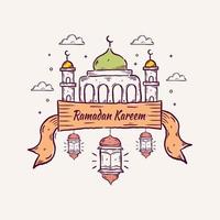 Ramadan Kareem Illustration With Mosque And Lantern Concept. Hand Drawn Sketch Style vector