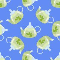 Seamless pattern with glass teapots with mint tea on a blue background. Can be used for textiles, paper, packaging, Wallpaper, and your design. vector