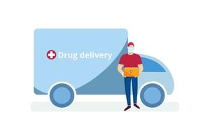 Deliveryman in medical protective mask carrying medical products and a delivery truck in the background. Healthcare delivery service concept. Vector illustration isolated on a white background.