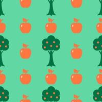 Apples are a seamless pattern. Orange apples and apple trees on a green background. Simple abstract vector background. For paper, cover, fabric, gift packaging.