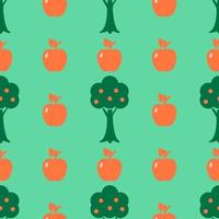 Apples are a seamless pattern. Orange apples and apple trees on a green background. Simple abstract vector background. For paper, cover, fabric, gift packaging.