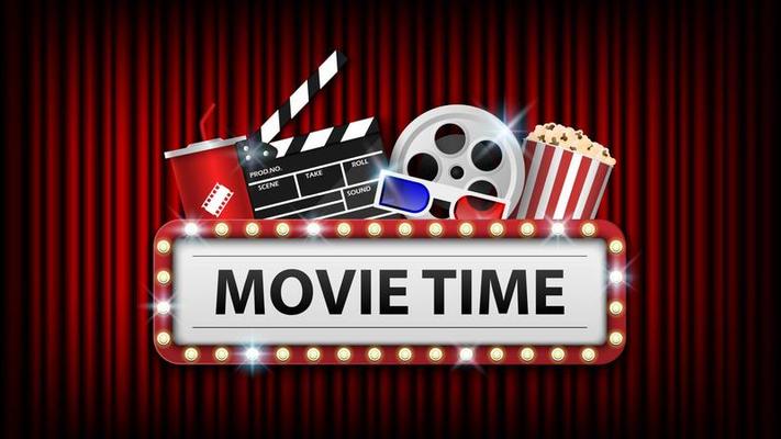 Cinema background concept, movie theater object on red curtain background and movie time with electric bulbs frame, vector illustration