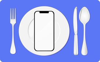 Vector of mobile phone on fine dining equipment set for Nomophobia and food online delivery concept